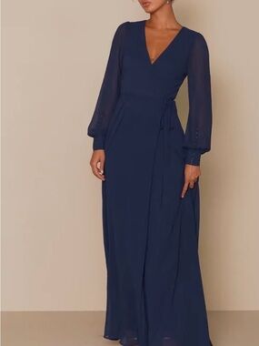Lulu's Navy Wrap Maxi Dress with Sheer Bishop Sleeves